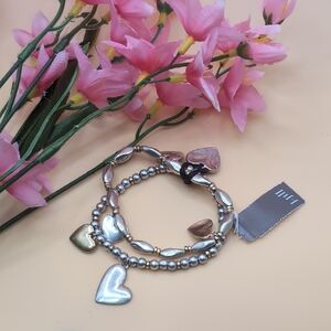 NWT J. Jill Silver and Gold Heart Charm Stretch Bracelet Set